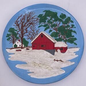 Hand Painted 3D Ceramic 13" Plate Winter Farm Snow Barn Country Byron Molds 1972